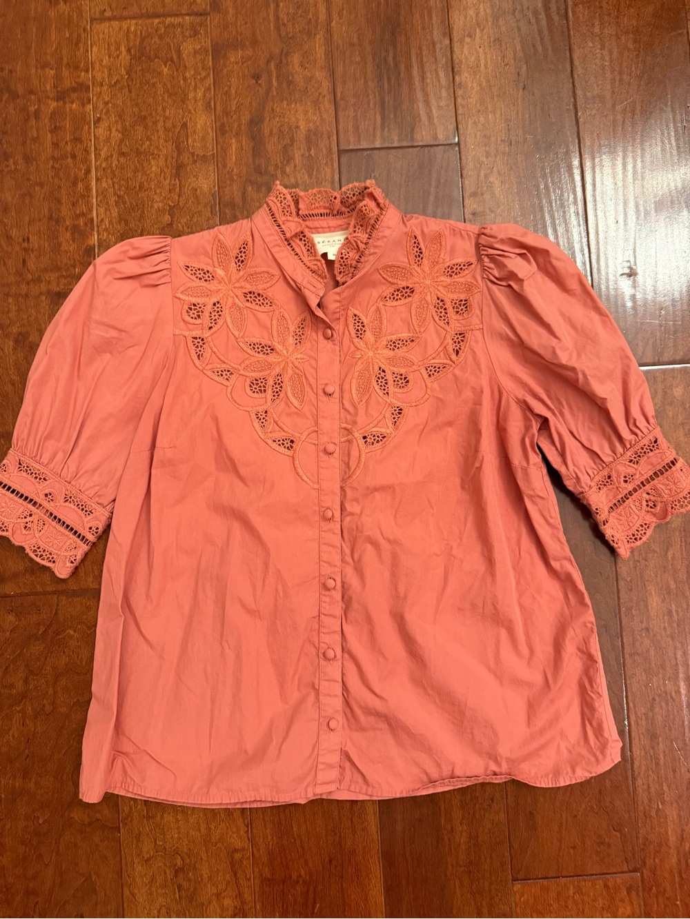 Sezane Coral Eyelet Lace Button-Front Blouse Chemise Bertille